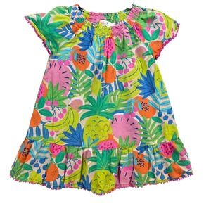 Boden Girls Tropical Fruit Print Smocked Neck Ruffle Hem Bauble Dress 4-5 Years